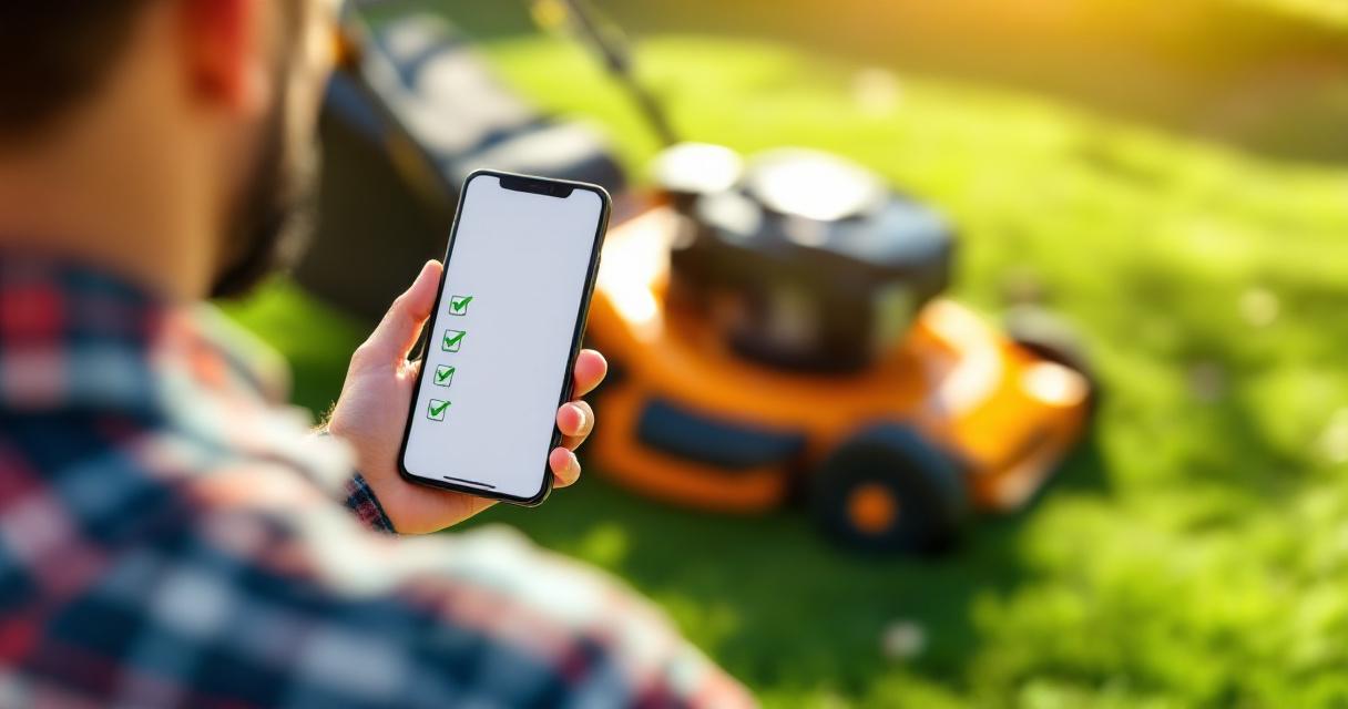 Lawn care worker using digital job completion checklist