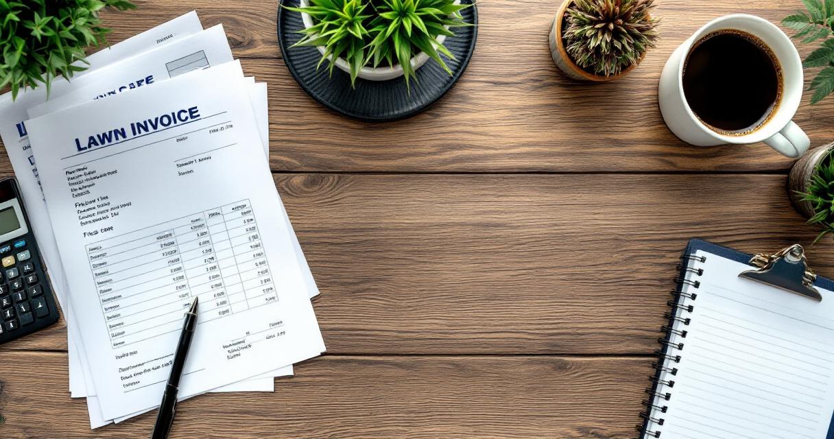 Lawn care pricing calculator and invoices on desk